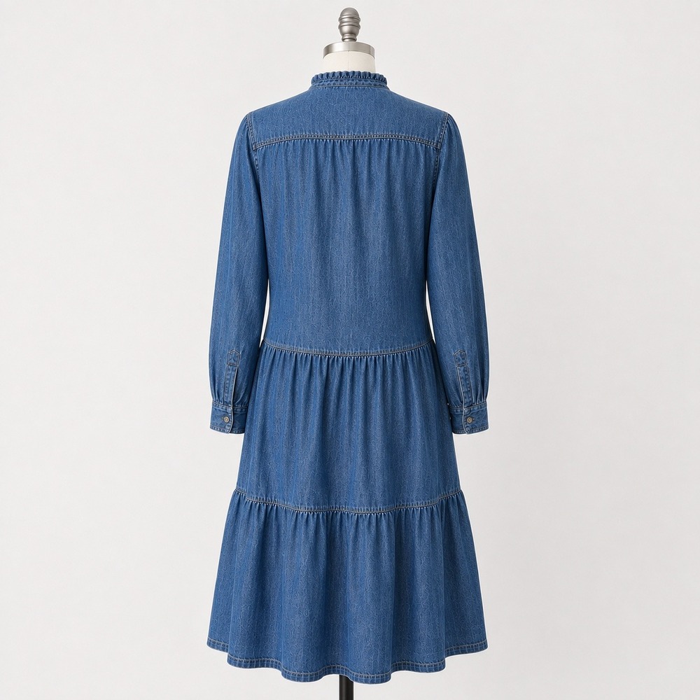 Boden Denim Tiered Midi Dress Womens US 12R Blue Cotton Button Front Pockets - Picture 3 of 13